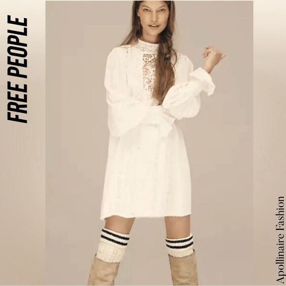 FREE PEOPLE VIENNA CROCHET TRIM MINI DRESS IN IVORY NWT XS TP, SP TP - Picture 3 of 7